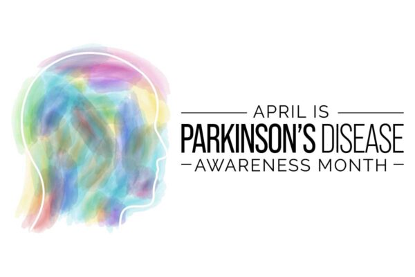 artwork of watercolors on silhouette of head with april is parkinsons awareness month text